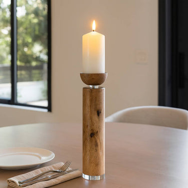 Taper Candle Holder - Natural Wood w/ Acrylic Detail, 14 in.