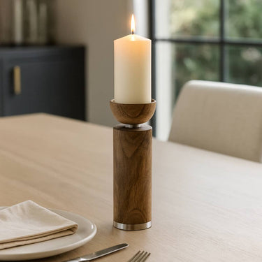 Taper Candle Holder - Brown Wood with Acrylic Detail, 11 in.