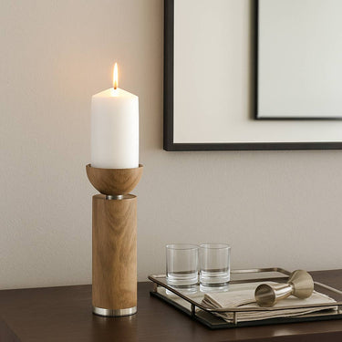 Taper Candle Holder - Brown Wood with Acrylic Detail, 11 in.