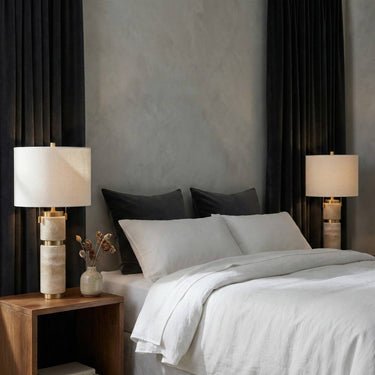 Table Lamp - Tan Travertine Modern with 2 Pulls, 26 in.