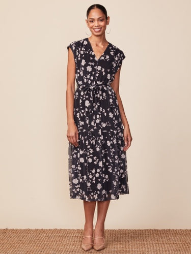 Anthem Printed Mesh V-Neck Midi Dress - Black Floral