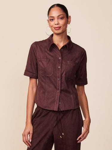 Anthem Faux Suede Button Front Shirt - Chocolate