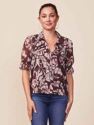 Anthem Cinched Sleeve Printed Top - Brown Multi