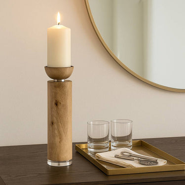 Taper Candle Holder - Natural Wood w/ Acrylic Detail, 14 in.