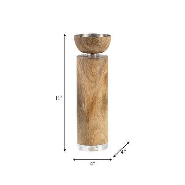 Taper Candle Holder - Brown Wood with Acrylic Detail, 11 in.