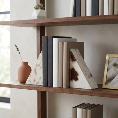 Bookends Set of 2 - White/Brown Leather Cow Print, 7 in.