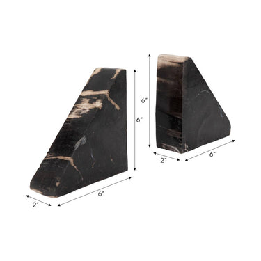 Bookends Set of 2 - Black Petrified Wooden Triangular, 6 in.