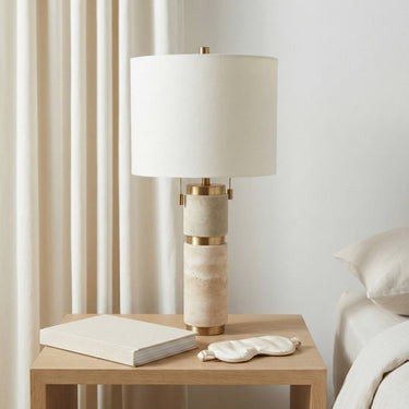 Table Lamp - Tan Travertine Modern with 2 Pulls, 26 in.