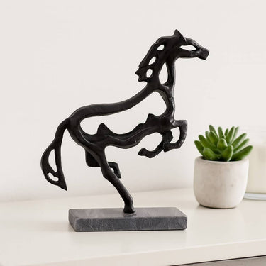 Sculpture - Black Metal Stone Galloping Horse on Base, 14 in