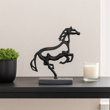 Sculpture - Black Metal Stone Galloping Horse on Base, 14 in