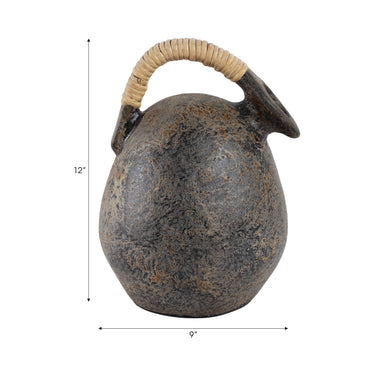 Decorative Vase - Gray Terracotta Jug Rattan Handle, 12 in.