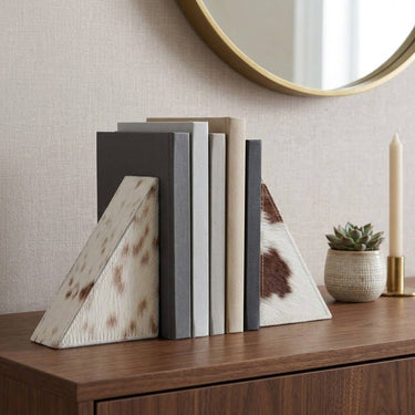 Bookends Set of 2 - White/Brown Leather Cow Print, 7 in.