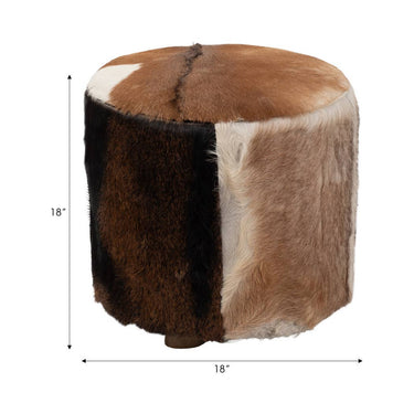 Ottoman - Multicolor Wooden Round Patchwork Cowhide, 18 in.