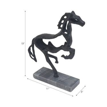 Sculpture - Black Metal Stone Galloping Horse on Base, 14 in