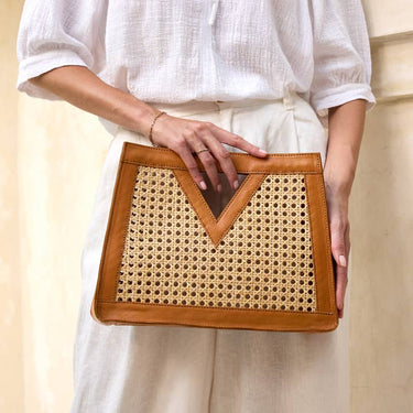 The Winding Road Rattan Cane Weave Triangle Tote Bag with Brown Leather Trim
