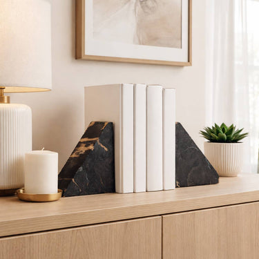 Bookends Set of 2 - Black Petrified Wooden Triangular, 6 in.