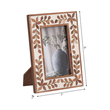 Picture Frame - Brown Wood Etched Leaf Inlay Vine - 4x6 in.
