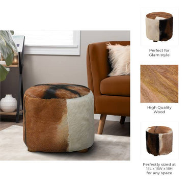 Ottoman - Multicolor Wooden Round Patchwork Cowhide, 18 in.