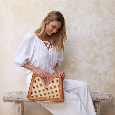 The Winding Road Rattan Cane Weave Triangle Tote Bag with Brown Leather Trim