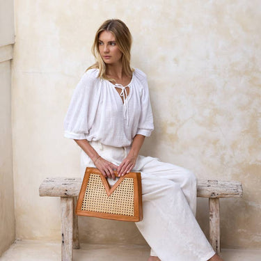 The Winding Road Rattan Cane Weave Triangle Tote Bag with Brown Leather Trim